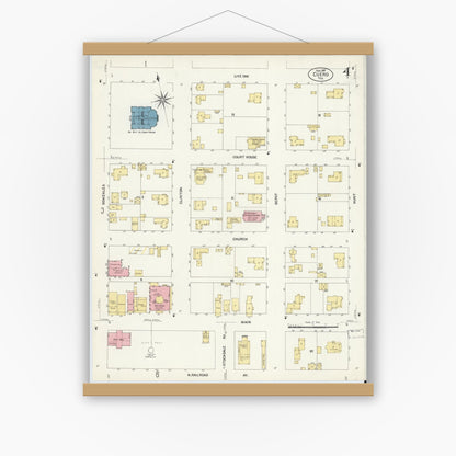 Old map wall art mockup — magnetic wood frame on white wall — Sanborn Fire Insurance Map from Cuero, De Witt County, Texas (1907), Sheet #0004