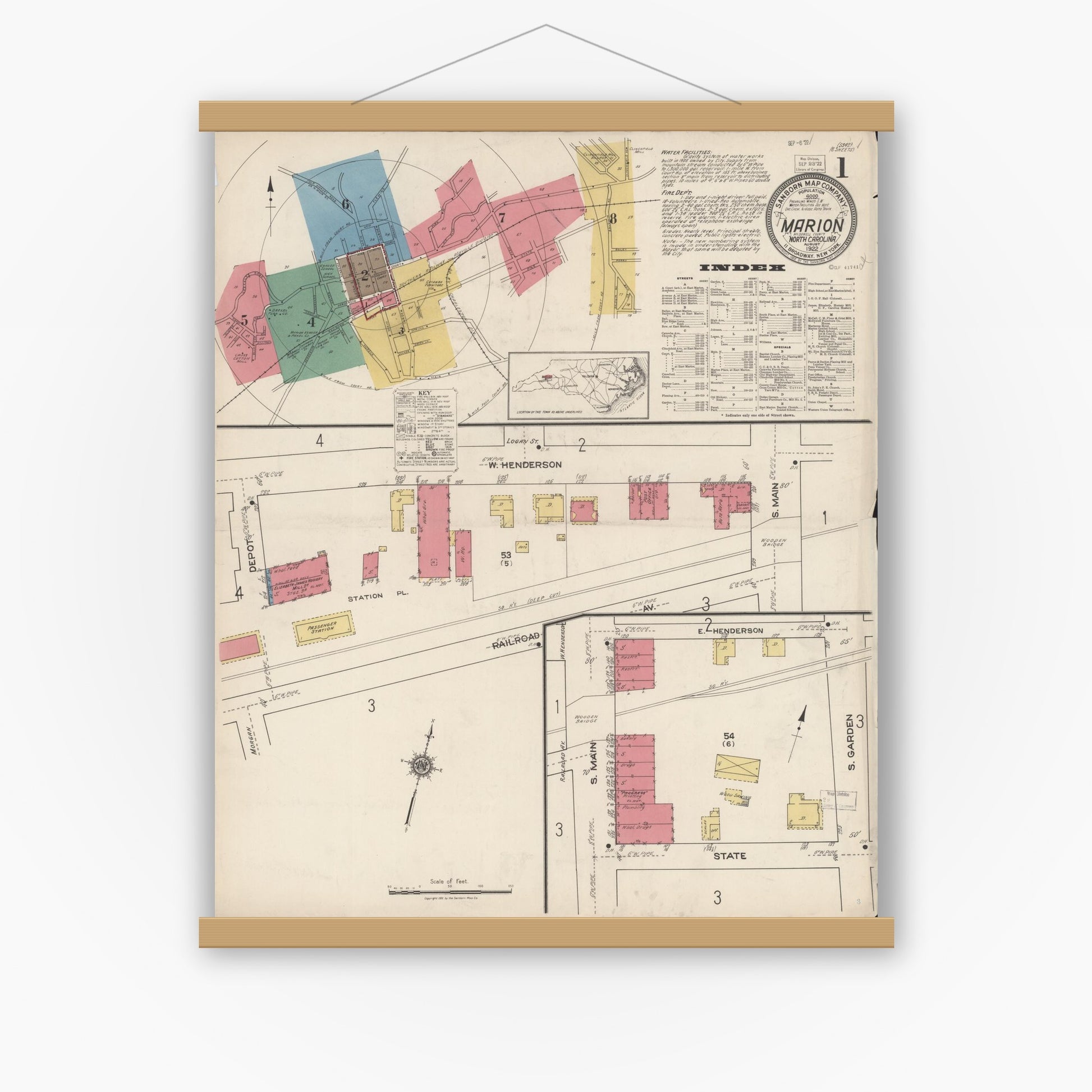 Old map wall art mockup — magnetic wood frame on white wall — Sanborn Fire Insurance Map from Marion, Mcdowell County, North Carolina (1922) - Complete Map Set