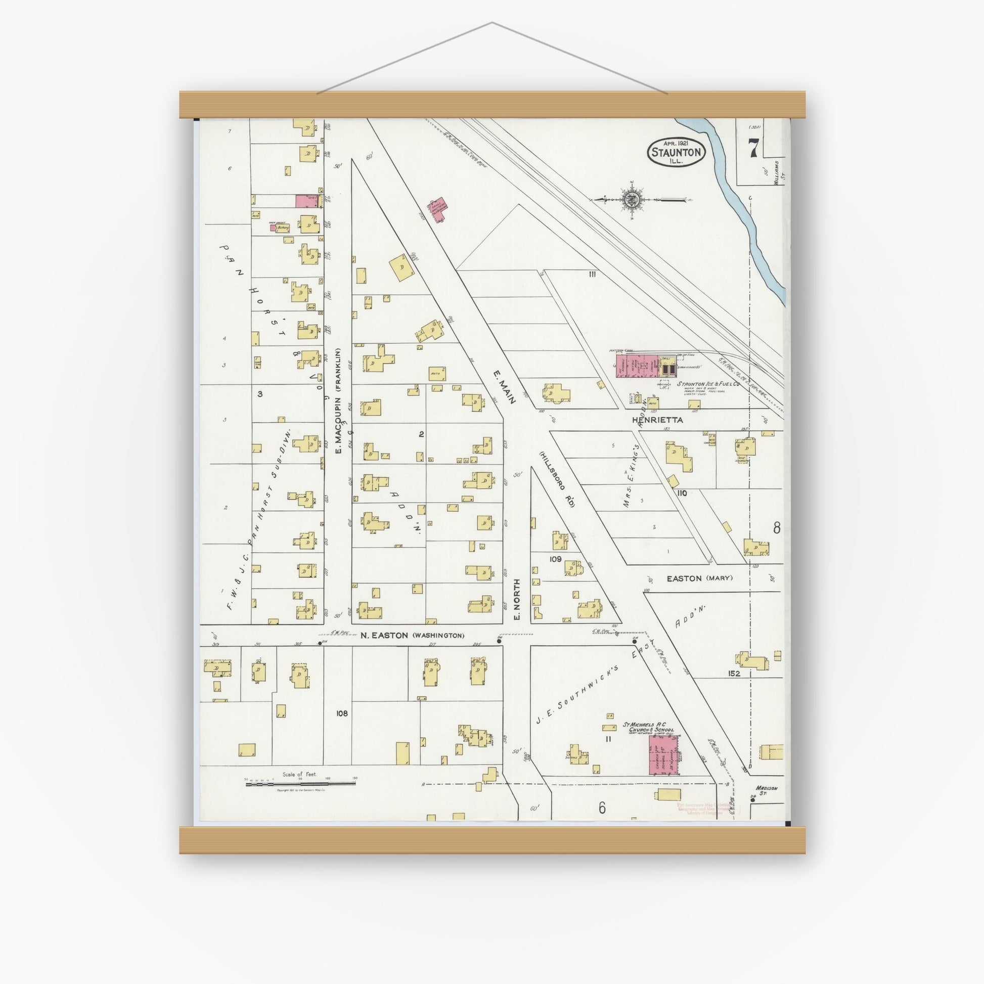 Old map wall art mockup — magnetic wood frame on white wall — Sanborn Fire Insurance Map from Staunton, Macoupin County, Illinois (1921), Sheet #0007
