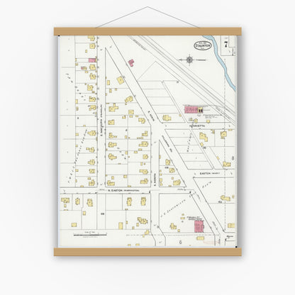 Old map wall art mockup — magnetic wood frame on white wall — Sanborn Fire Insurance Map from Staunton, Macoupin County, Illinois (1921), Sheet #0007