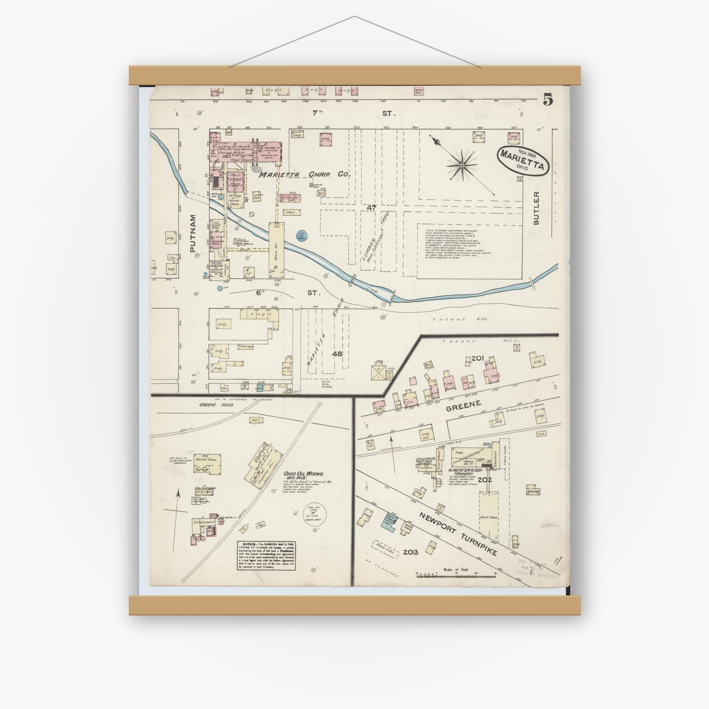 Old map wall art mockup — magnetic wood frame on white wall — Sanborn Fire Insurance Map from Marietta, Washington County, Ohio (1884), Sheet #0005