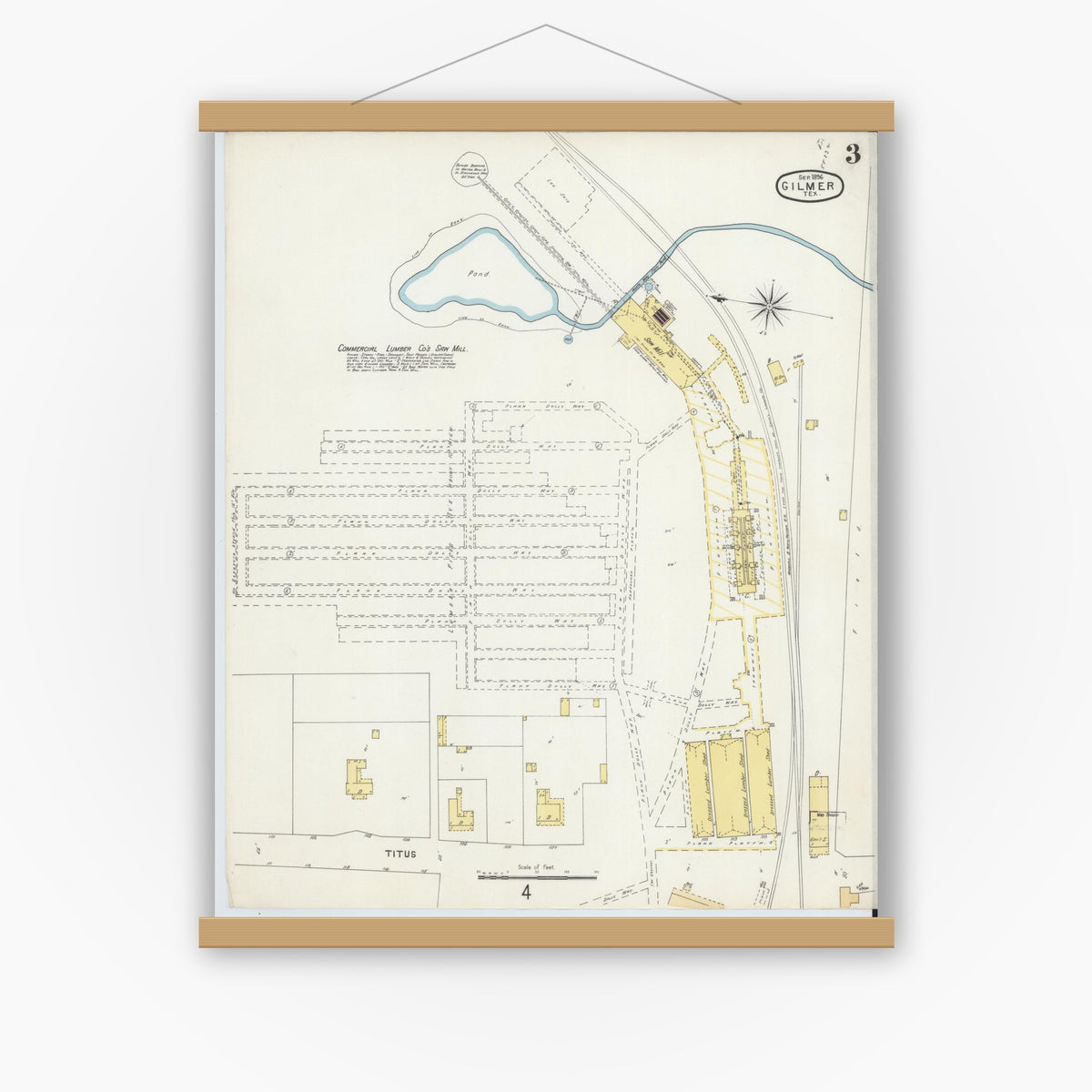 Old map wall art mockup — magnetic wood frame on white wall — Sanborn Fire Insurance Map from Gilmer, Upshur County, Texas (1896), Sheet #0003