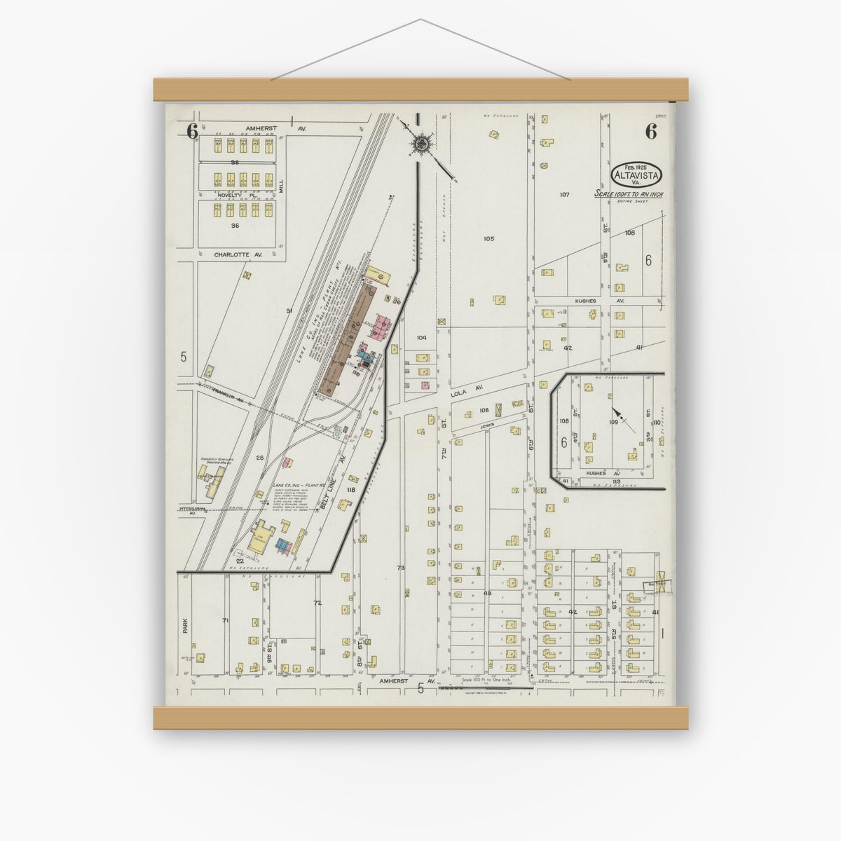 Old map wall art mockup — magnetic wood frame on white wall — Sanborn Fire Insurance Map from Altavista, Campbell County, Virginia (1925), Sheet #0006