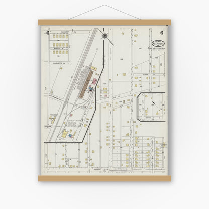 Old map wall art mockup — magnetic wood frame on white wall — Sanborn Fire Insurance Map from Altavista, Campbell County, Virginia (1925), Sheet #0006