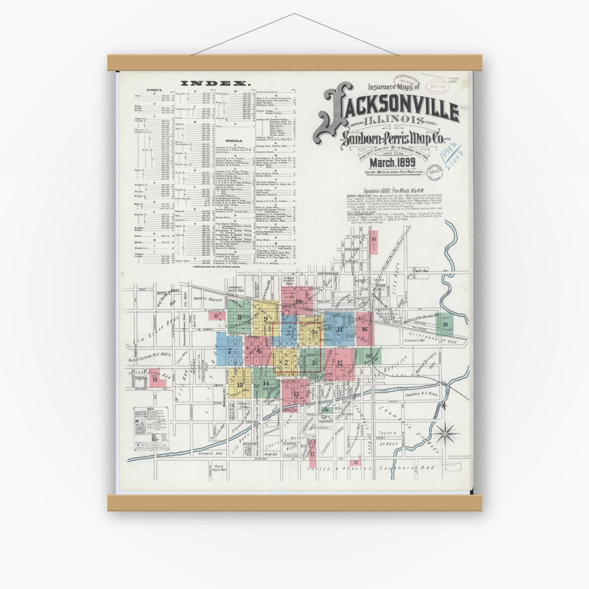 Old map wall art mockup — magnetic wood frame on white wall — Sanborn Fire Insurance Map from Jacksonville, Morgan County, Illinois (1899), Sheet #0001