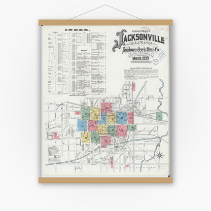 Old map wall art mockup — magnetic wood frame on white wall — Sanborn Fire Insurance Map from Jacksonville, Morgan County, Illinois (1899), Sheet #0001