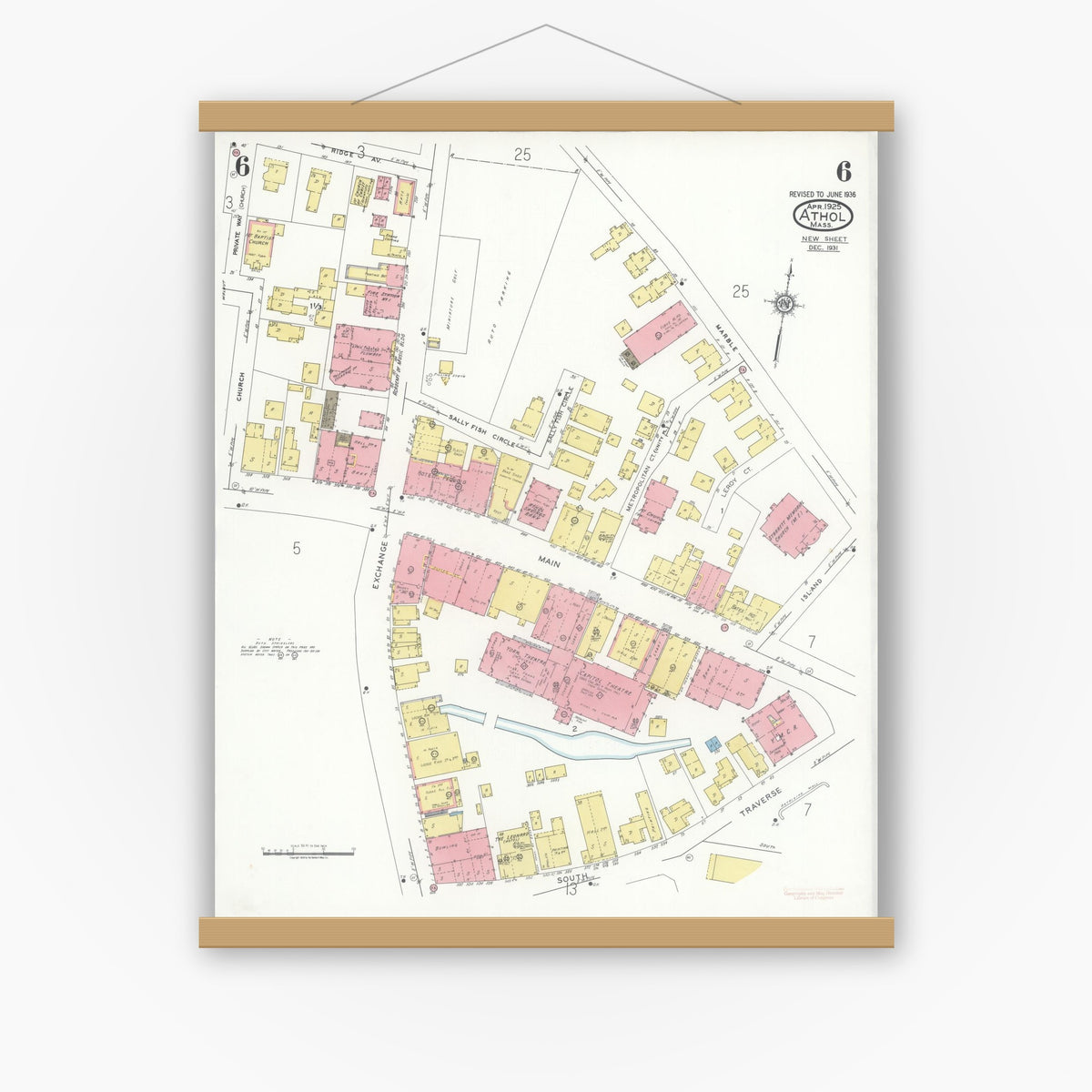 Old map wall art mockup — magnetic wood frame on white wall — Sanborn Fire Insurance Map from Athol, Worcester County, Massachusetts (1936), Sheet #0006
