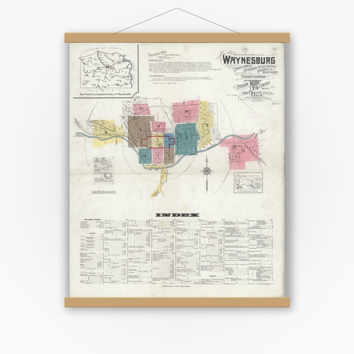 Old map wall art mockup — magnetic wood frame on white wall — Sanborn Fire Insurance Map from Waynesburg, Greene County, Pennsylvania (1925) - Complete Map Set