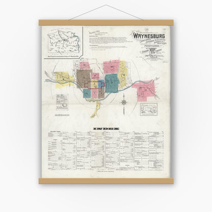 Old map wall art mockup — magnetic wood frame on white wall — Sanborn Fire Insurance Map from Waynesburg, Greene County, Pennsylvania (1925) - Complete Map Set