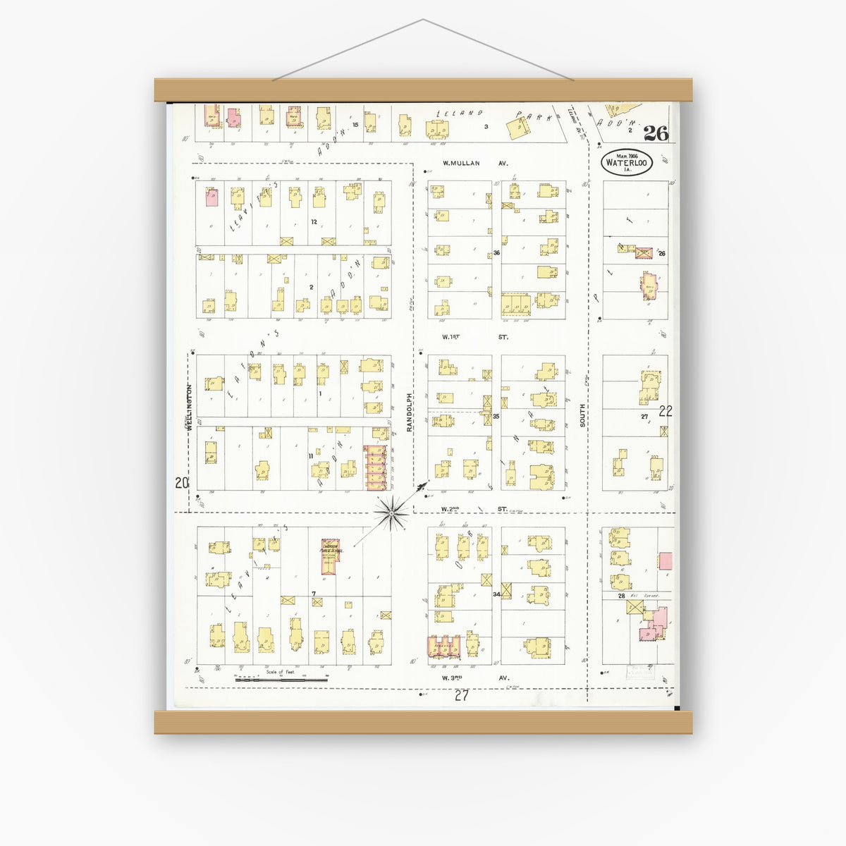 Old map wall art mockup — magnetic wood frame on white wall — Sanborn Fire Insurance Map from Waterloo, Black Hawk County, Iowa (1906), Sheet #0026