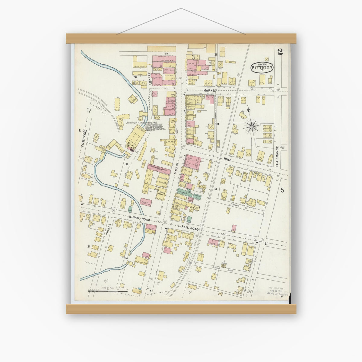 Old map wall art mockup — magnetic wood frame on white wall — Sanborn Fire Insurance Map from Pittston, Luzerne County, Pennsylvania (1896), Sheet #0002