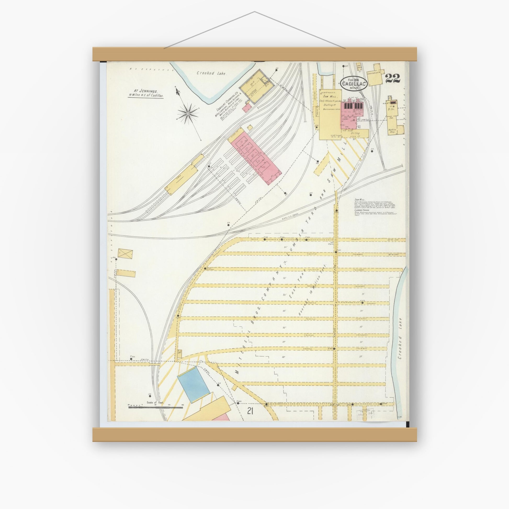 Old map wall art mockup — magnetic wood frame on white wall — Sanborn Fire Insurance Map from Cadillac, Wexford County, Michigan (1906), Sheet #0022