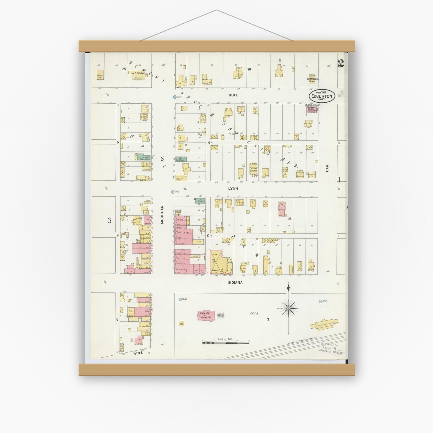 Old map wall art mockup — magnetic wood frame on white wall — Sanborn Fire Insurance Map from Edgerton, Williams County, Ohio (1901), Sheet #0002