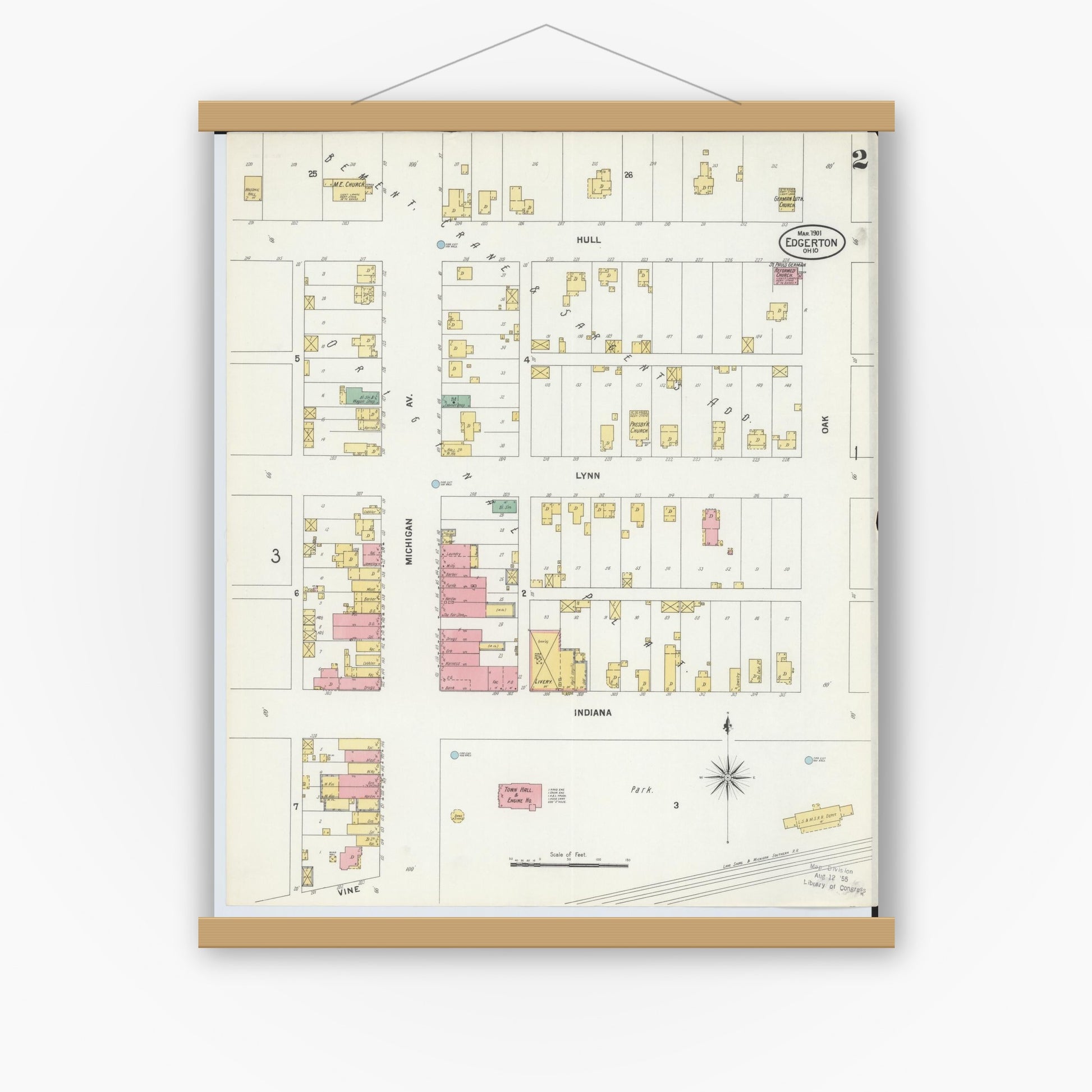 Old map wall art mockup — magnetic wood frame on white wall — Sanborn Fire Insurance Map from Edgerton, Williams County, Ohio (1901), Sheet #0002