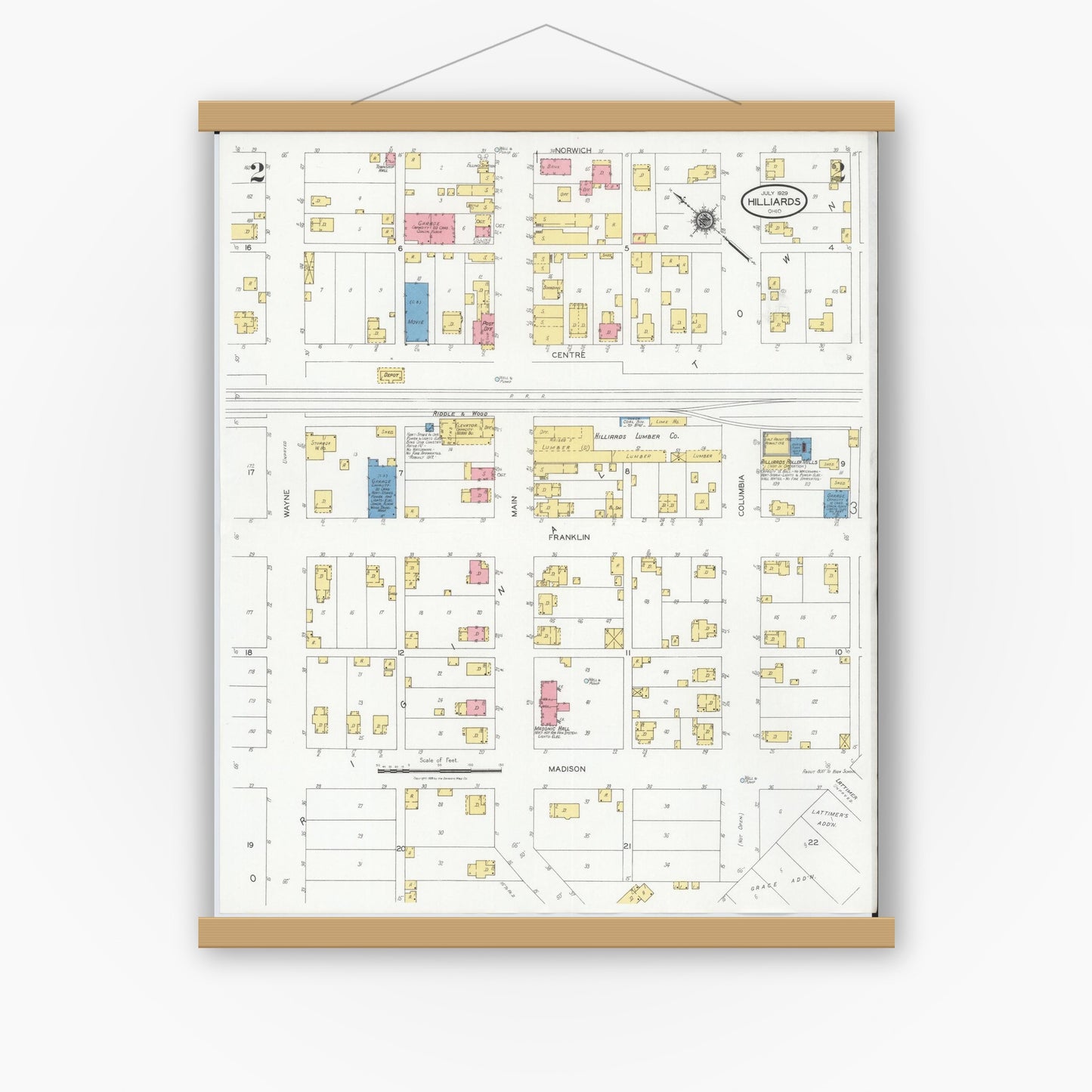 Old map wall art mockup — magnetic wood frame on white wall — Sanborn Fire Insurance Map from Hilliards, Franklin County, Ohio (1929), Sheet #0002