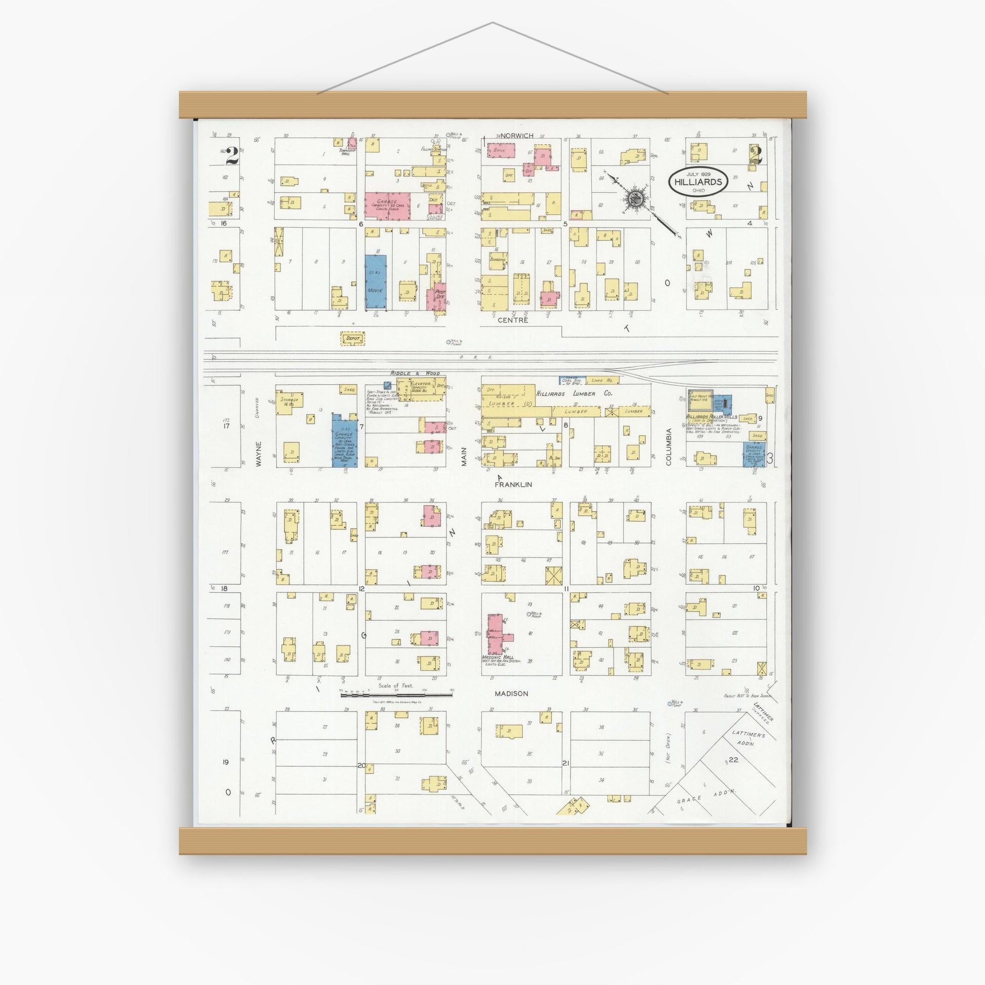 Old map wall art mockup — magnetic wood frame on white wall — Sanborn Fire Insurance Map from Hilliards, Franklin County, Ohio (1929), Sheet #0002