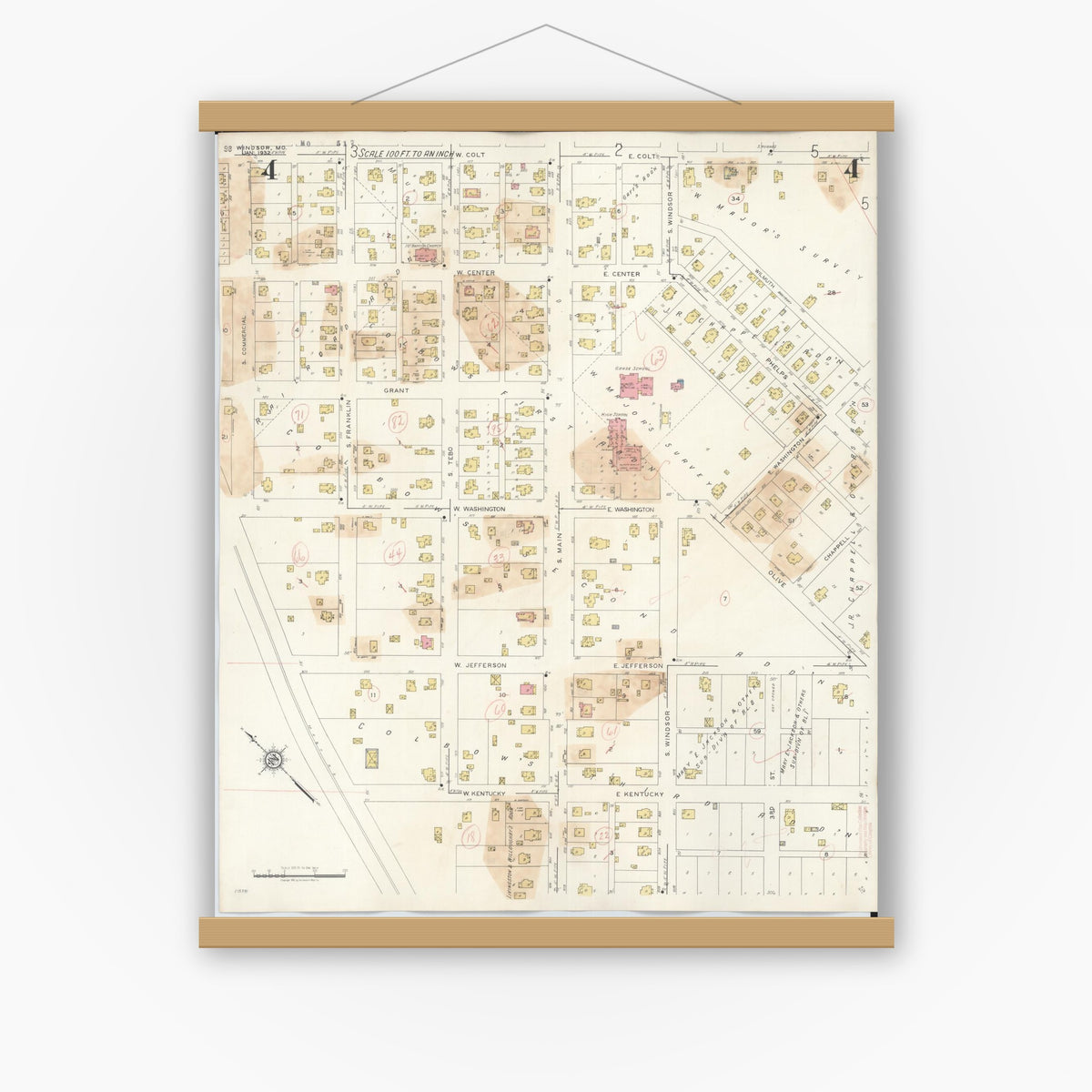 Old map wall art mockup — magnetic wood frame on white wall — Sanborn Fire Insurance Map from Windsor, Henry County, Missouri (1943), Sheet #0004