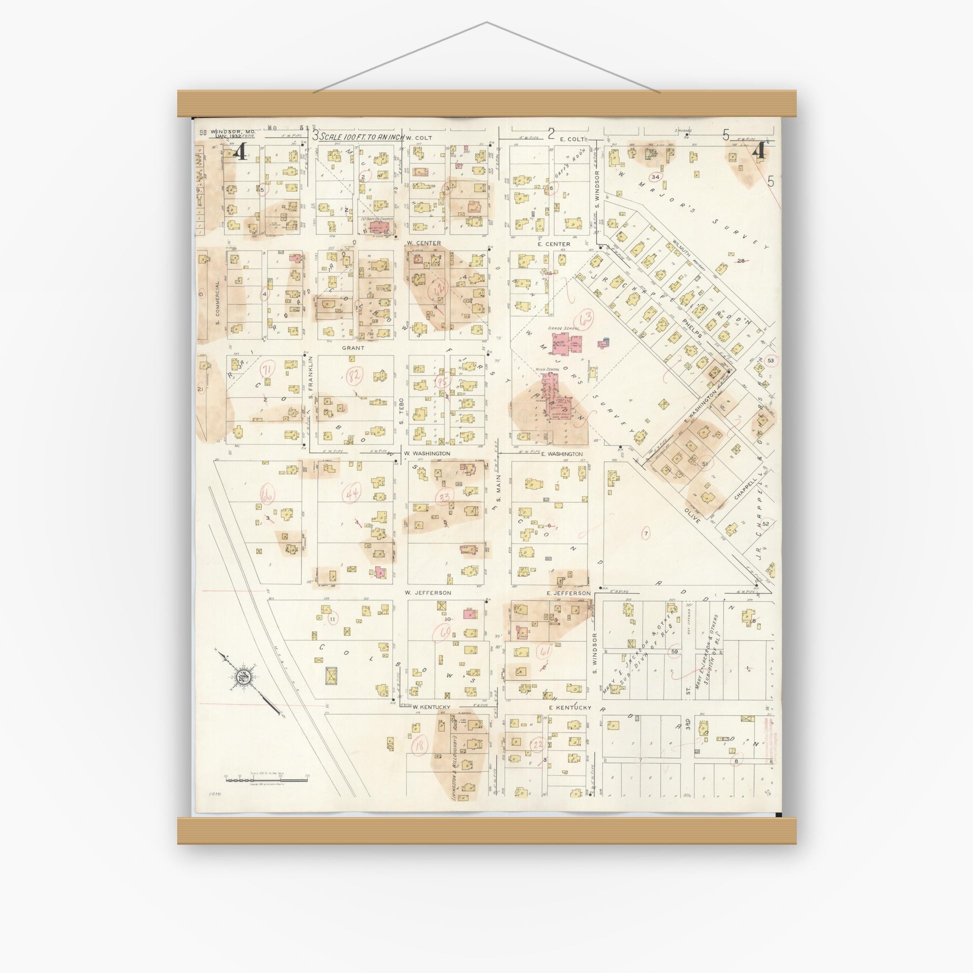 Old map wall art mockup — magnetic wood frame on white wall — Sanborn Fire Insurance Map from Windsor, Henry County, Missouri (1943), Sheet #0004