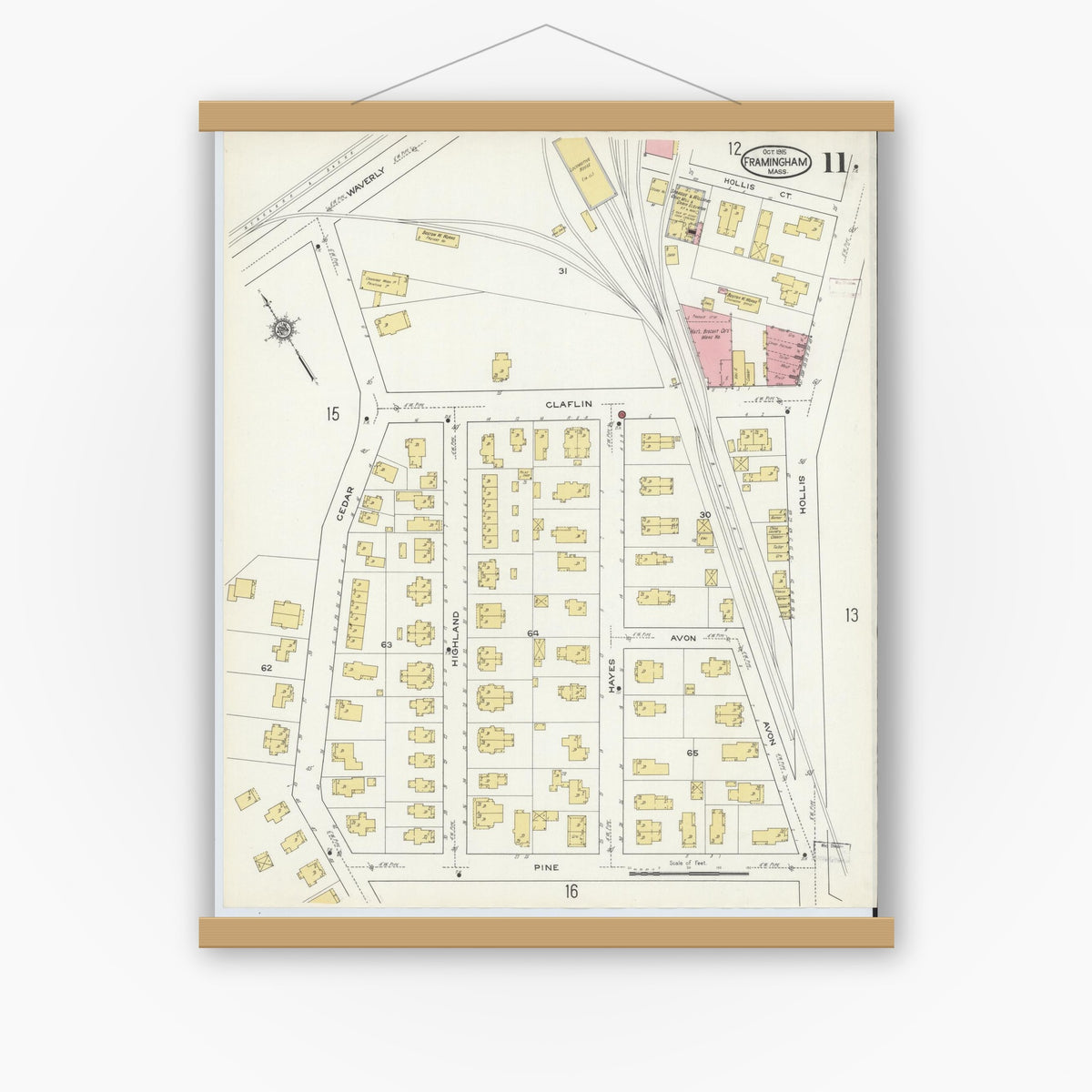 Old map wall art mockup — magnetic wood frame on white wall — Sanborn Fire Insurance Map from Framingham, Middlesex County, Massachusetts (1915), Sheet #0011