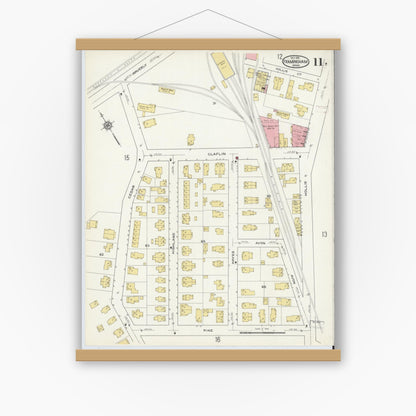 Old map wall art mockup — magnetic wood frame on white wall — Sanborn Fire Insurance Map from Framingham, Middlesex County, Massachusetts (1915), Sheet #0011