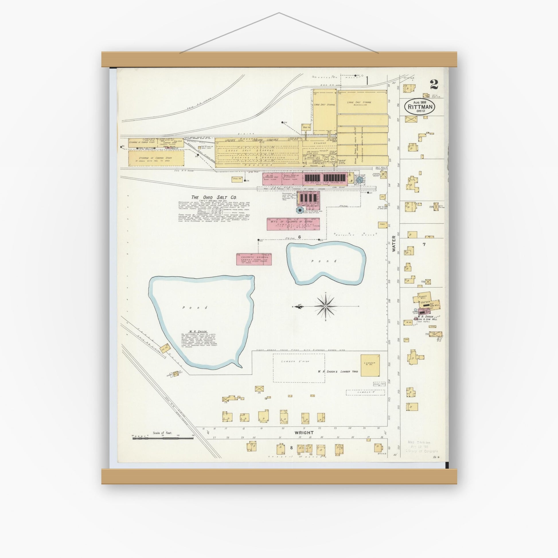 Old map wall art mockup — magnetic wood frame on white wall — Sanborn Fire Insurance Map from Rittman, Wayne County, Ohio (1908), Sheet #0002
