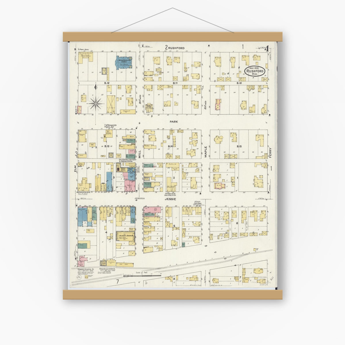 Old map wall art mockup — magnetic wood frame on white wall — Sanborn Fire Insurance Map from Rushford, Fillmore County, Minnesota (1909), Sheet #0004