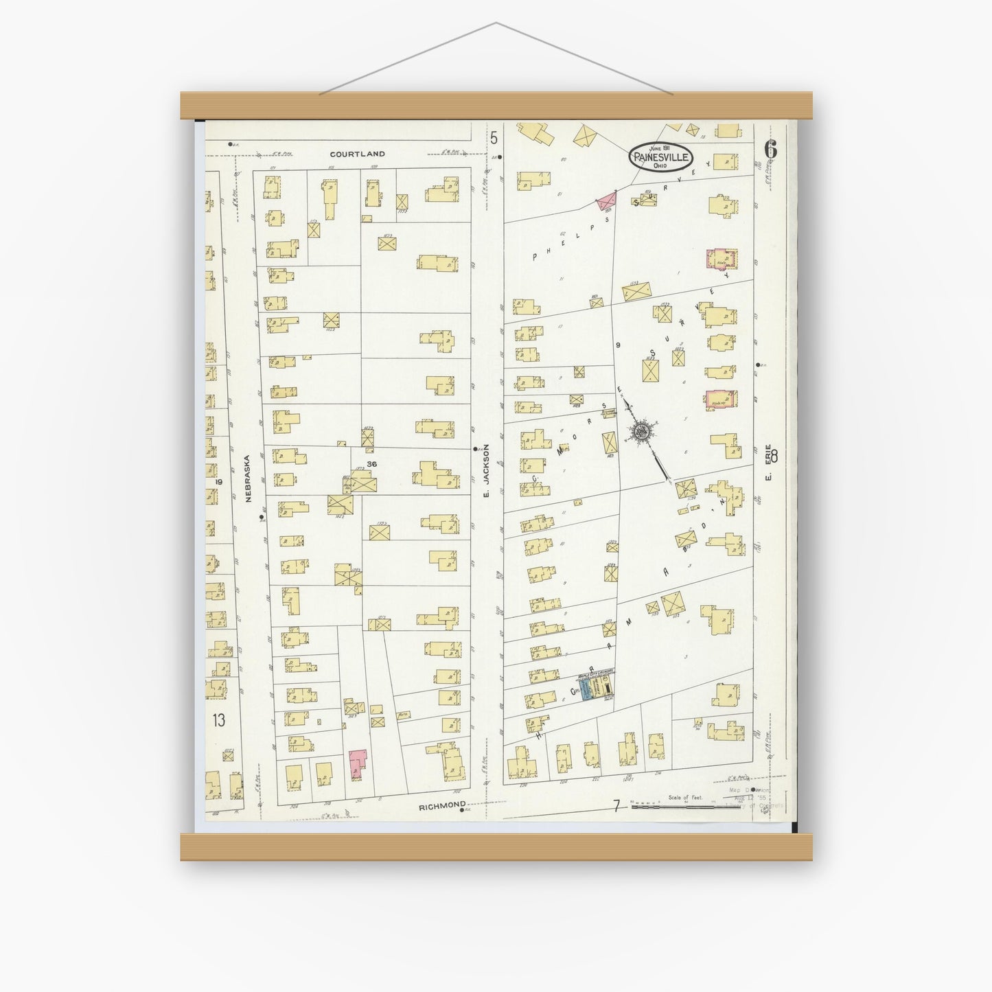 Old map wall art mockup — magnetic wood frame on white wall — Sanborn Fire Insurance Map from Painesville, Lake County, Ohio (1911), Sheet #0006