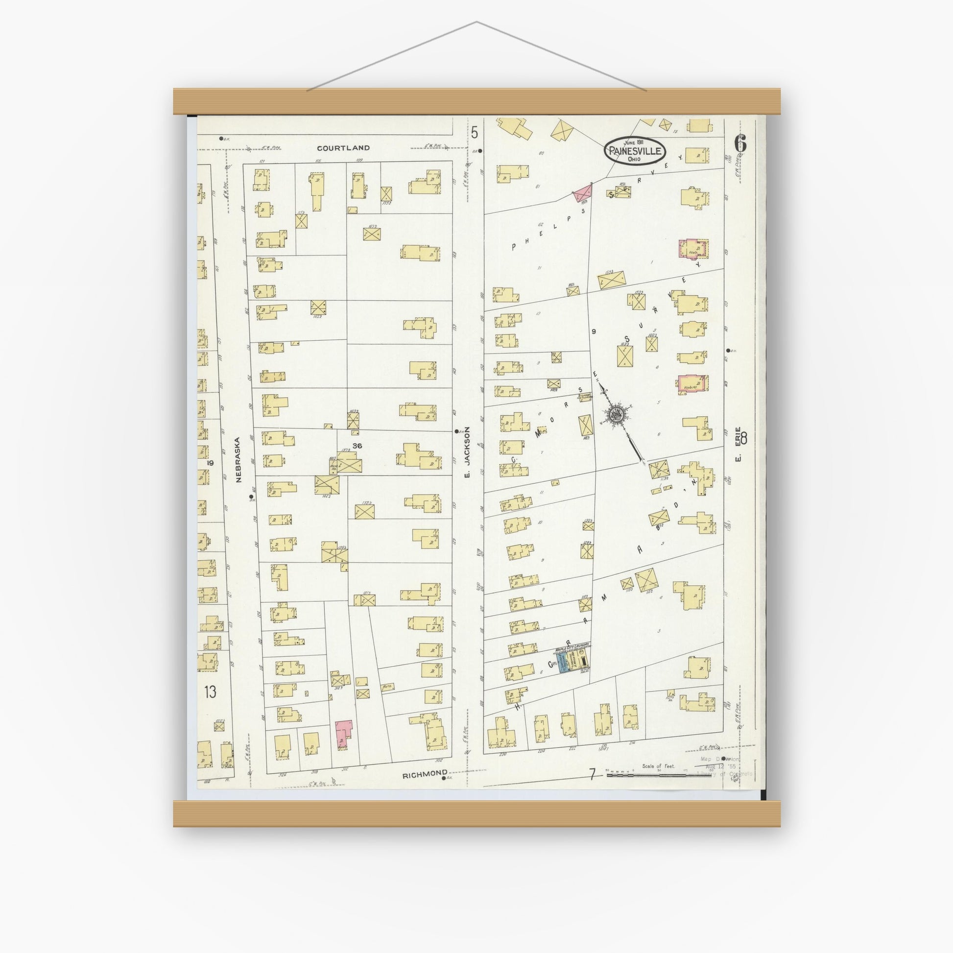 Old map wall art mockup — magnetic wood frame on white wall — Sanborn Fire Insurance Map from Painesville, Lake County, Ohio (1911), Sheet #0006