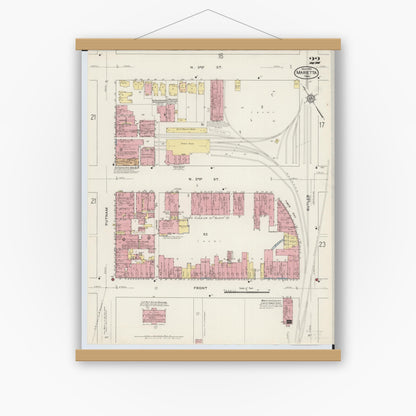 Old map wall art mockup — magnetic wood frame on white wall — Sanborn Fire Insurance Map from Marietta, Washington County, Ohio (1915), Sheet #0022