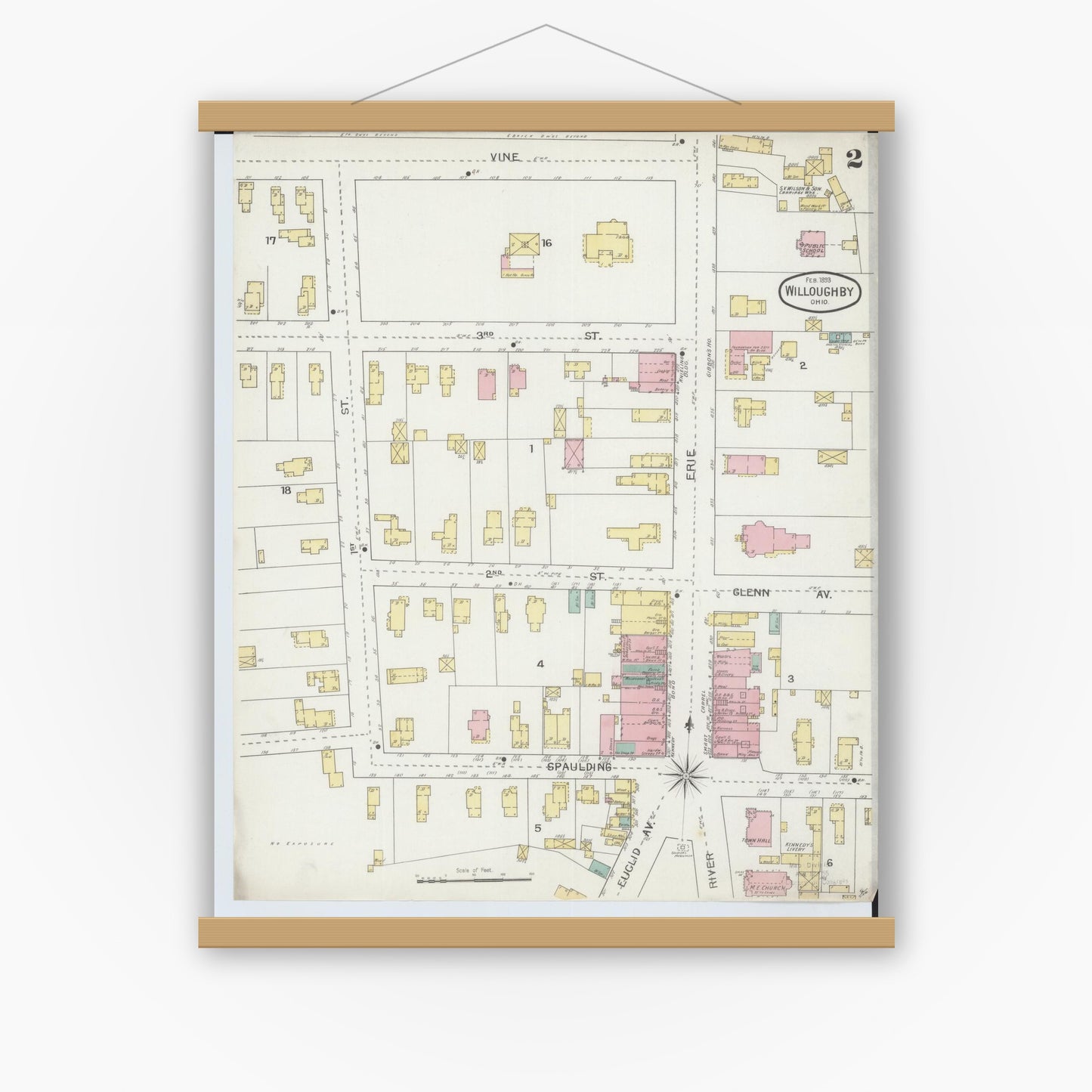 Old map wall art mockup — magnetic wood frame on white wall — Sanborn Fire Insurance Map from Willoughby, Lake County, Ohio (1893), Sheet #0002