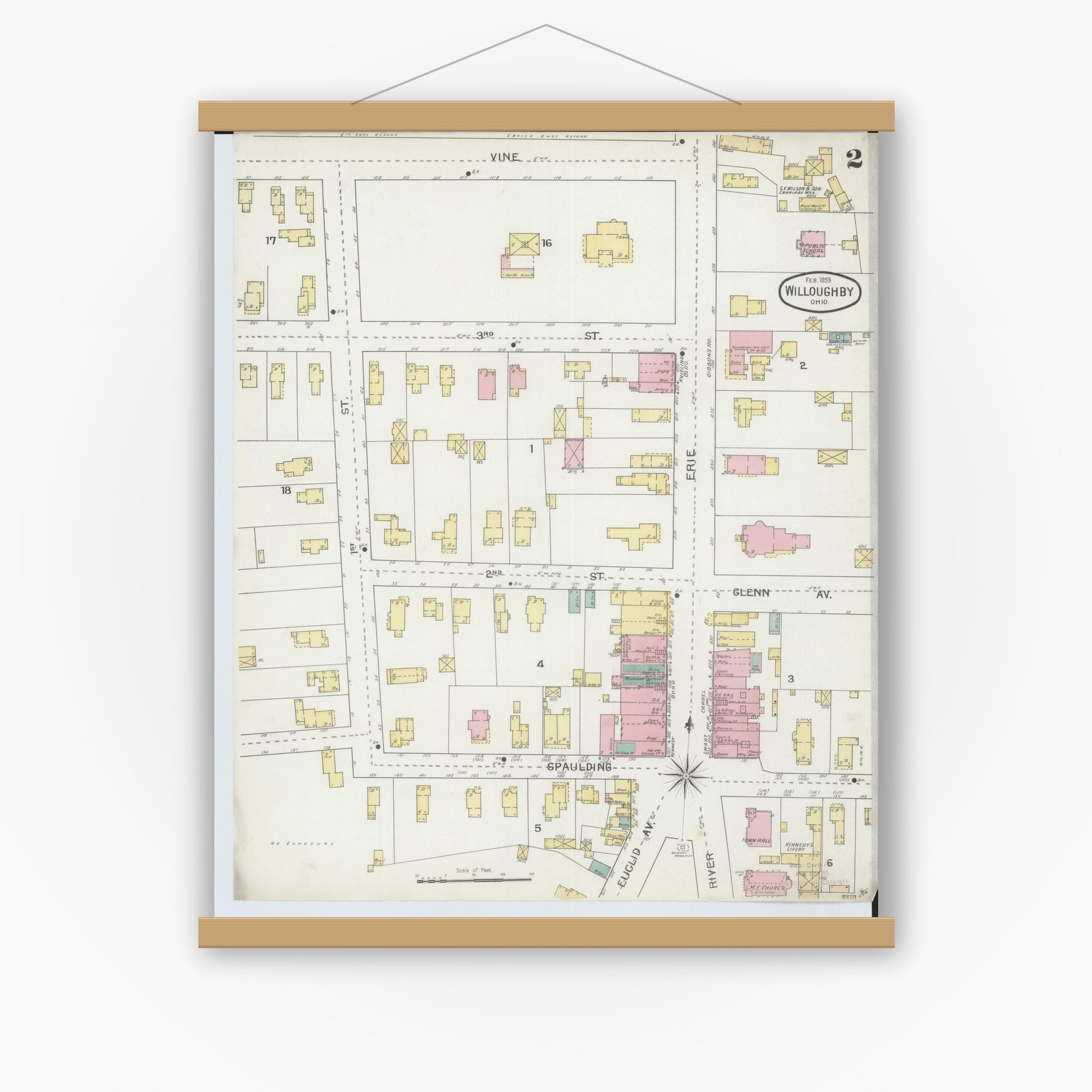 Old map wall art mockup — magnetic wood frame on white wall — Sanborn Fire Insurance Map from Willoughby, Lake County, Ohio (1893), Sheet #0002