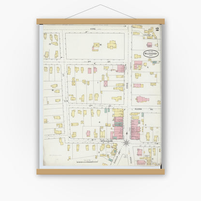 Old map wall art mockup — magnetic wood frame on white wall — Sanborn Fire Insurance Map from Willoughby, Lake County, Ohio (1893), Sheet #0002