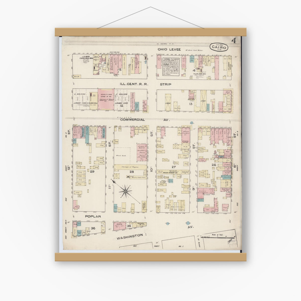 Old map wall art mockup — magnetic wood frame on white wall — Sanborn Fire Insurance Map from Cairo, Alexander County, Illinois (1885), Sheet #0004
