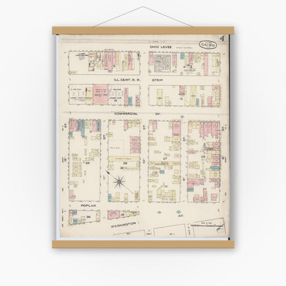 Old map wall art mockup — magnetic wood frame on white wall — Sanborn Fire Insurance Map from Cairo, Alexander County, Illinois (1885), Sheet #0004