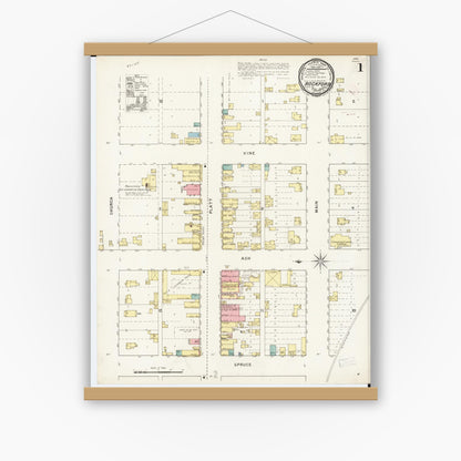 Old map wall art mockup — magnetic wood frame on white wall — Sanborn Fire Insurance Map from Rockford, Floyd County, Iowa (1894) â€” Complete Set