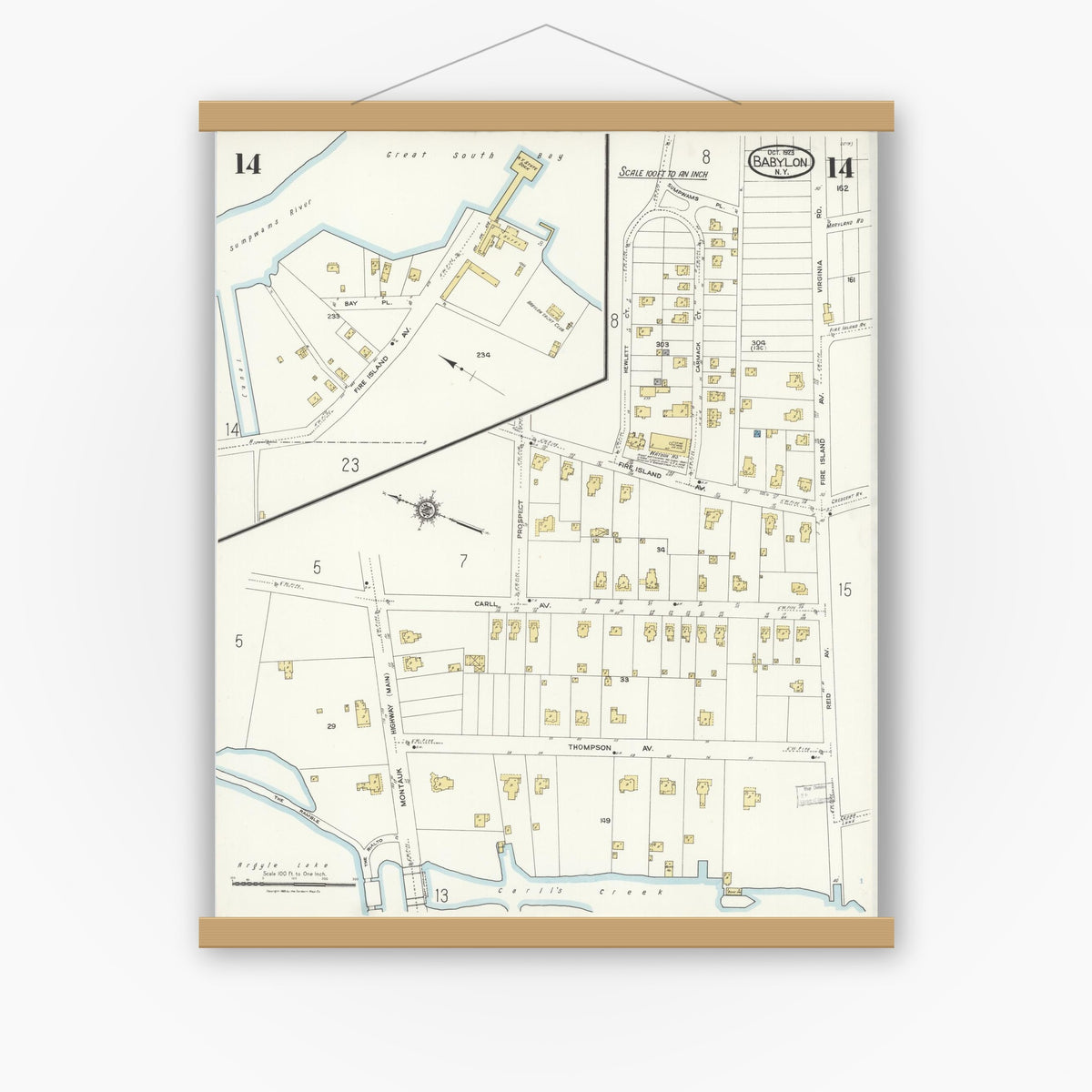 Old map wall art mockup — magnetic wood frame on white wall — Sanborn Fire Insurance Map from Babylon, Suffolk County, New York (1923), Sheet #0014