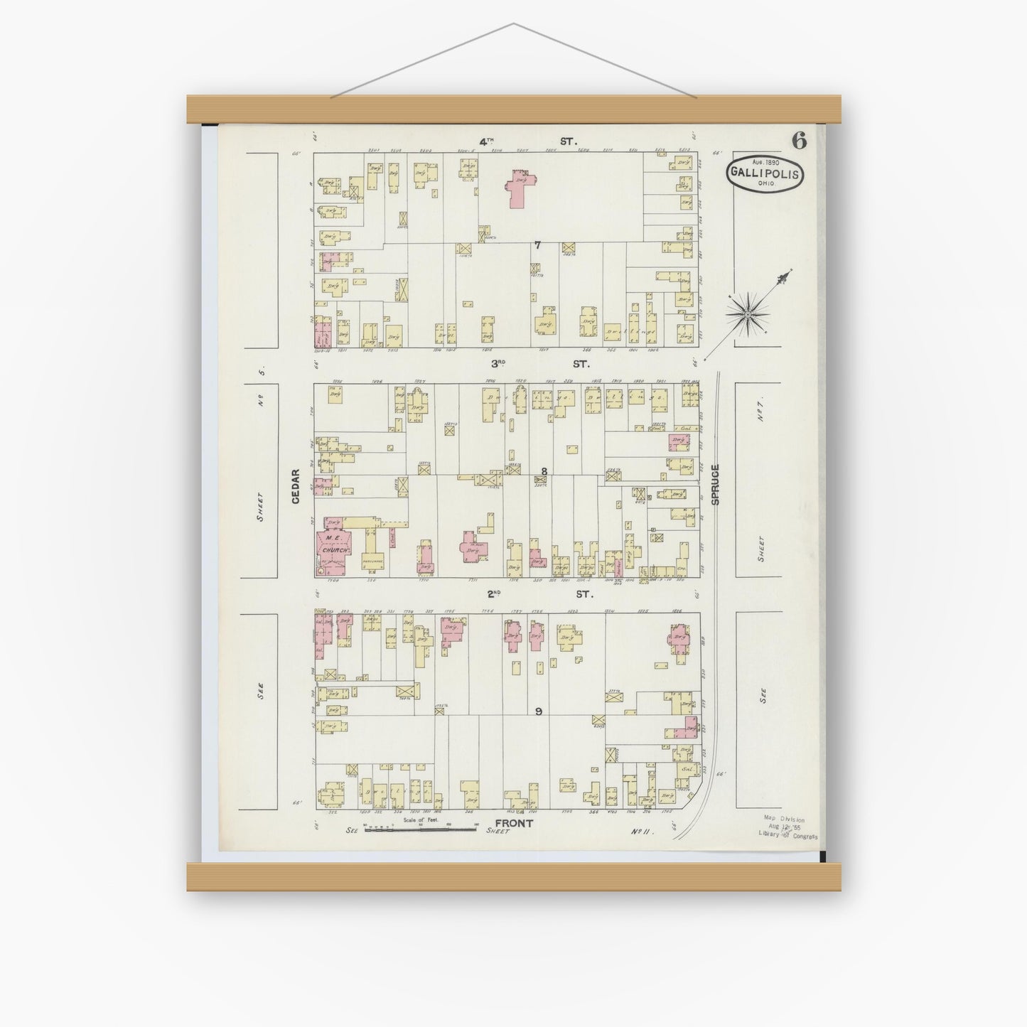 Old map wall art mockup — magnetic wood frame on white wall — Sanborn Fire Insurance Map from Gallipolis, Gallia County, Ohio (1890), Sheet #0006
