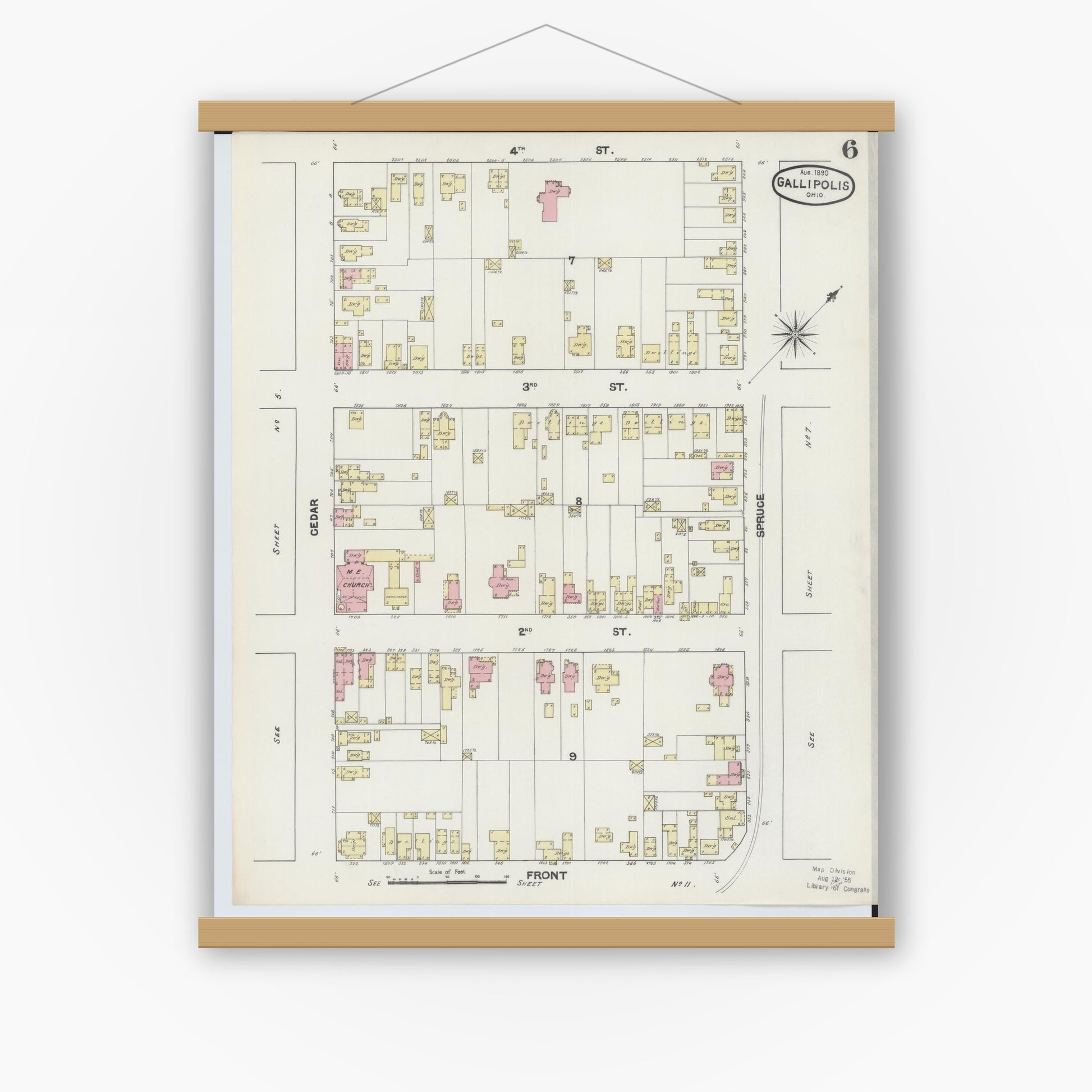 Old map wall art mockup — magnetic wood frame on white wall — Sanborn Fire Insurance Map from Gallipolis, Gallia County, Ohio (1890), Sheet #0006