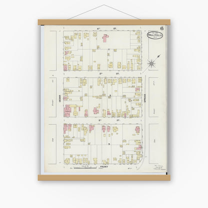 Old map wall art mockup — magnetic wood frame on white wall — Sanborn Fire Insurance Map from Gallipolis, Gallia County, Ohio (1890), Sheet #0006