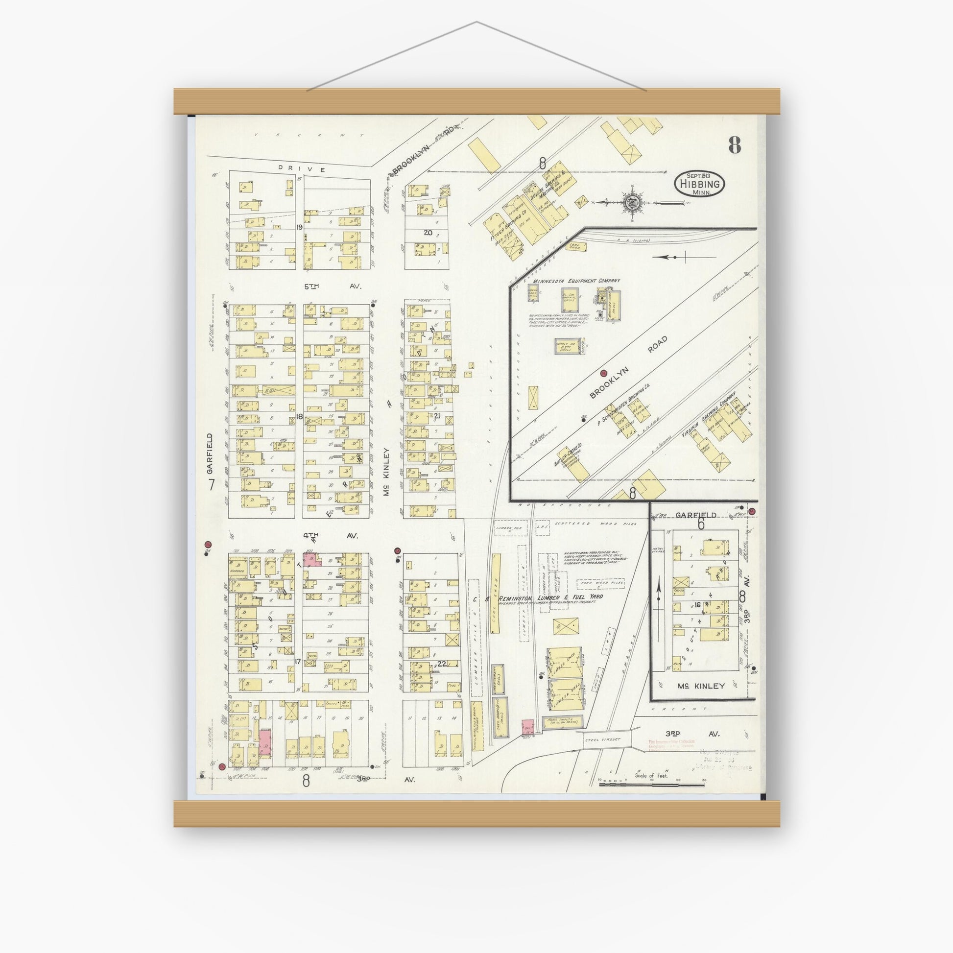 Old map wall art mockup — magnetic wood frame on white wall — Sanborn Fire Insurance Map from Hibbing, Saint Louis County, Minnesota (1913), Sheet #0008
