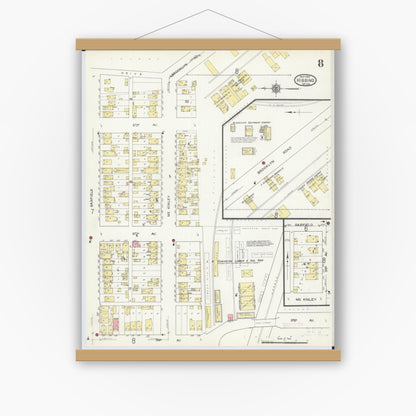 Old map wall art mockup — magnetic wood frame on white wall — Sanborn Fire Insurance Map from Hibbing, Saint Louis County, Minnesota (1913), Sheet #0008