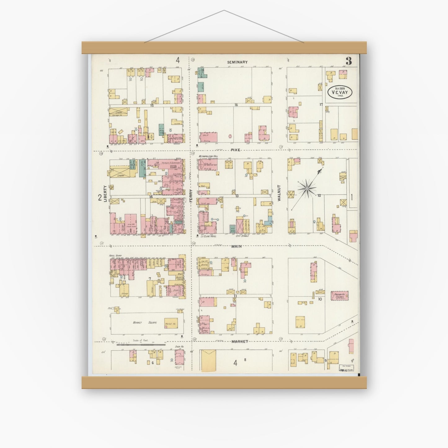 Old map wall art mockup — magnetic wood frame on white wall — Sanborn Fire Insurance Map from Vevay, Switzerland County, Indiana (1899), Sheet #0003