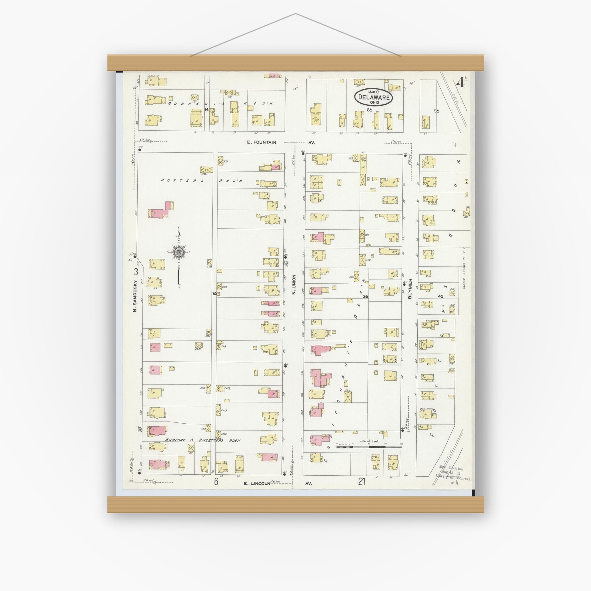 Old map wall art mockup — magnetic wood frame on white wall — Sanborn Fire Insurance Map from Delaware, Delaware County, Ohio (1911), Sheet #0004