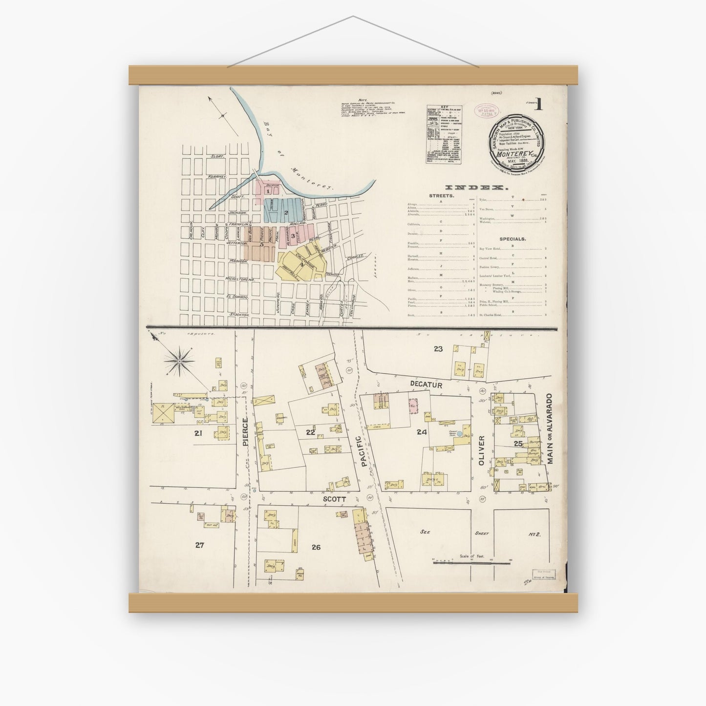 Old map wall art mockup — magnetic wood frame on white wall — Sanborn Fire Insurance Map from Monterey, Monterey County, California (1888) - Complete Map Set
