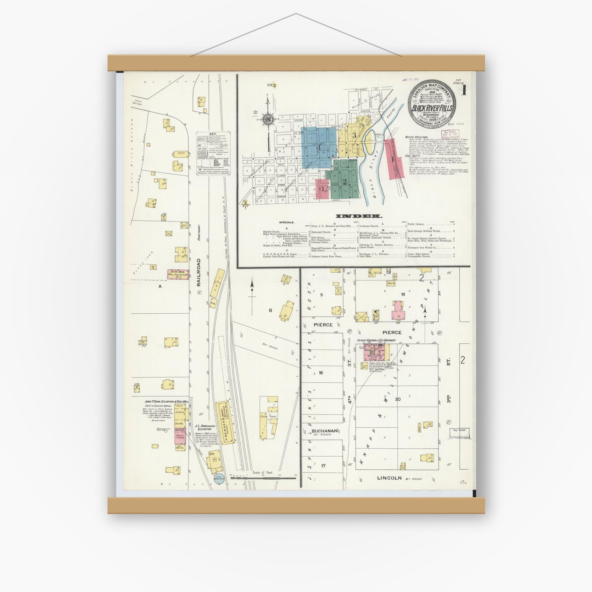 Old map wall art mockup — magnetic wood frame on white wall — Sanborn Fire Insurance Map from Black River Falls, Jackson County, Wisconsin (1909) - Complete Map Set