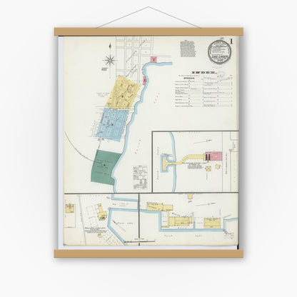 Old map wall art mockup — magnetic wood frame on white wall — Sanborn Fire Insurance Map from Lake Linden, Houghton County, Michigan (1893) - Complete Map Set