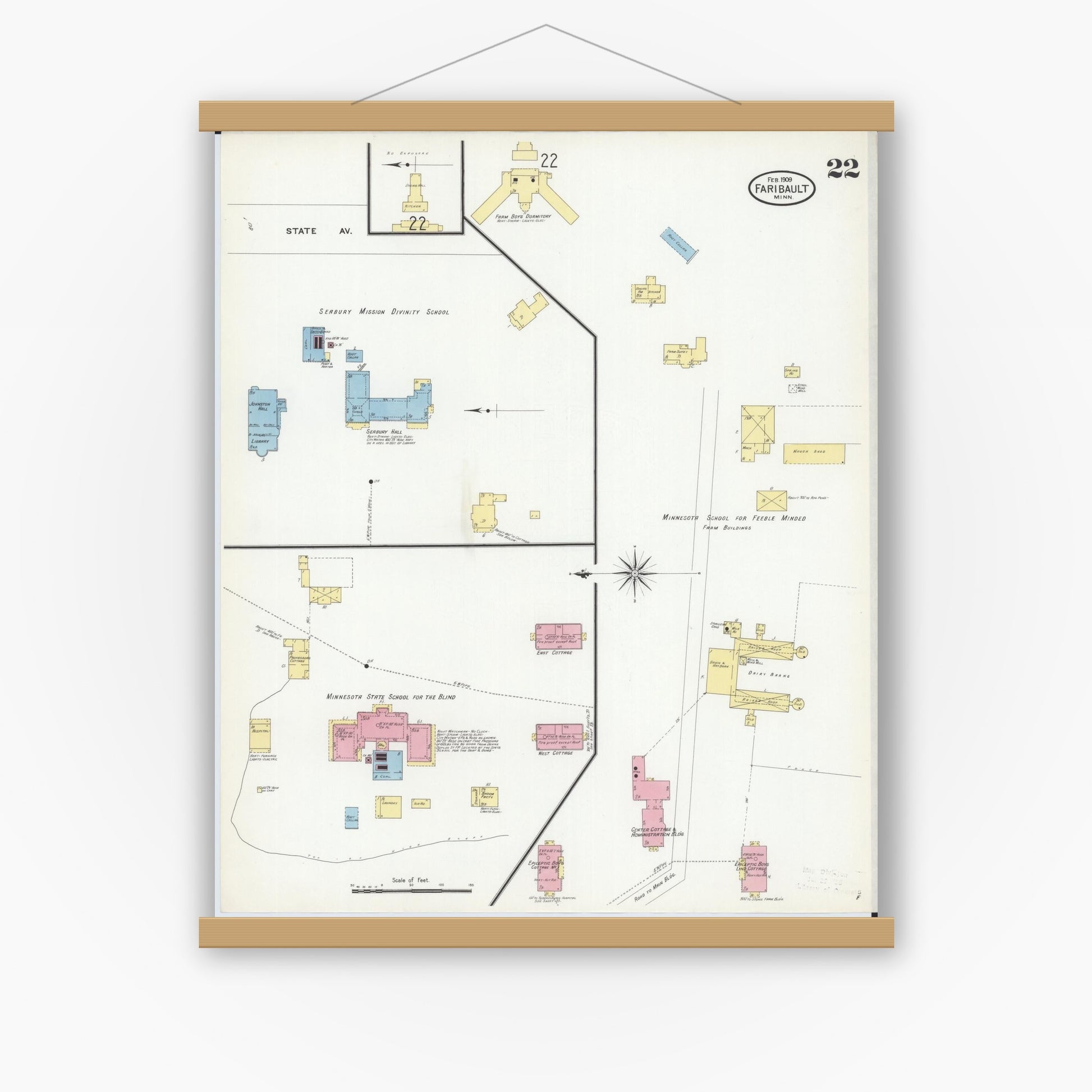 Old map wall art mockup — magnetic wood frame on white wall — Sanborn Fire Insurance Map from Faribault, Rice County, Minnesota (1909), Sheet #0022