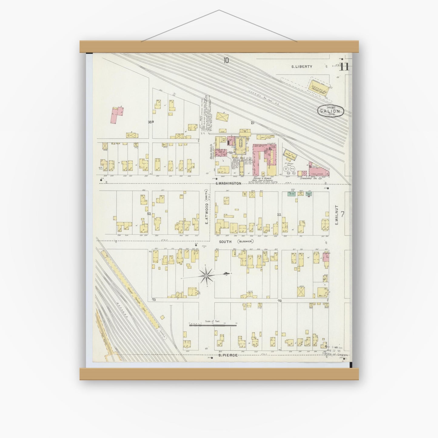 Old map wall art mockup — magnetic wood frame on white wall — Sanborn Fire Insurance Map from Galion, Crawford County, Ohio (1897), Sheet #0011