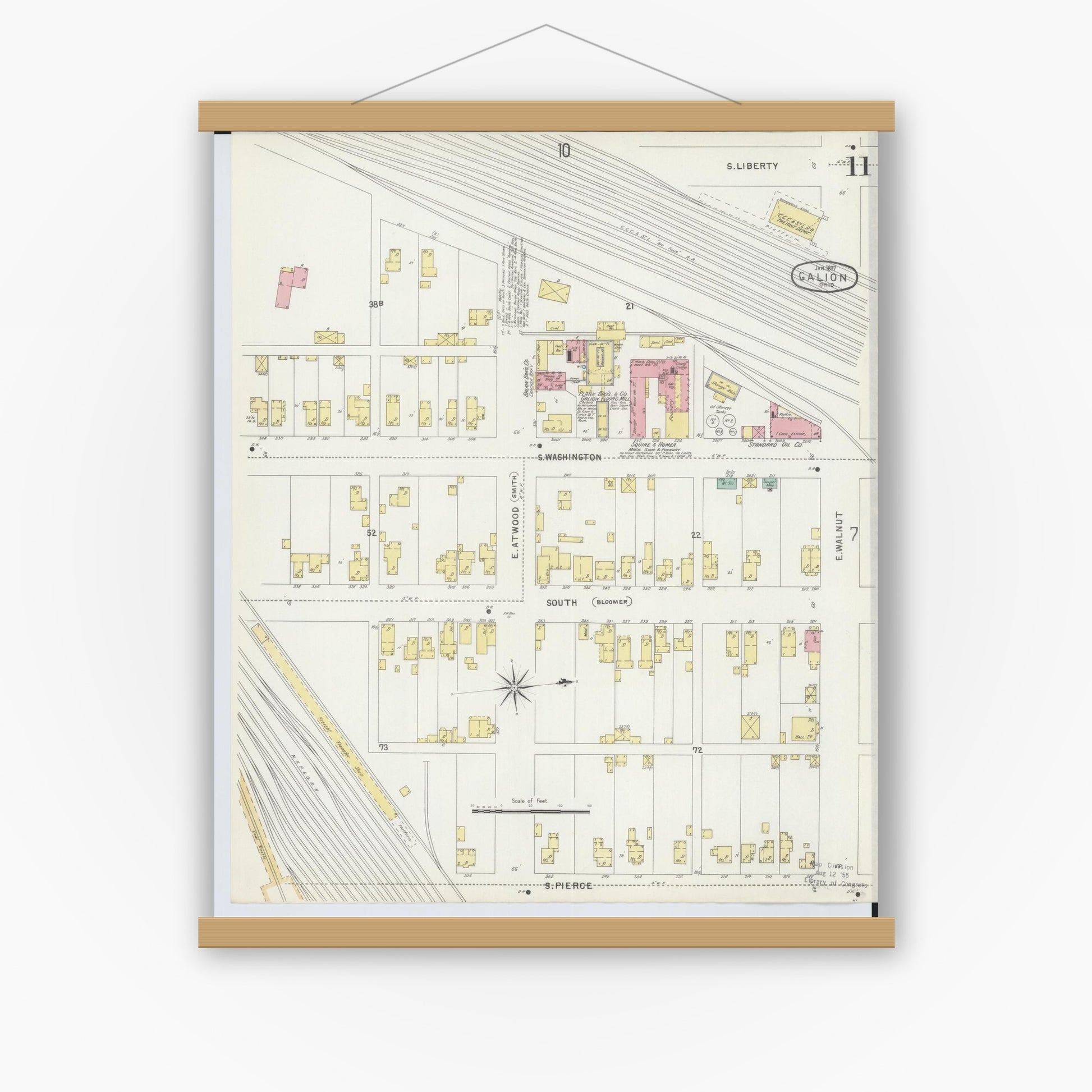 Old map wall art mockup — magnetic wood frame on white wall — Sanborn Fire Insurance Map from Galion, Crawford County, Ohio (1897), Sheet #0011