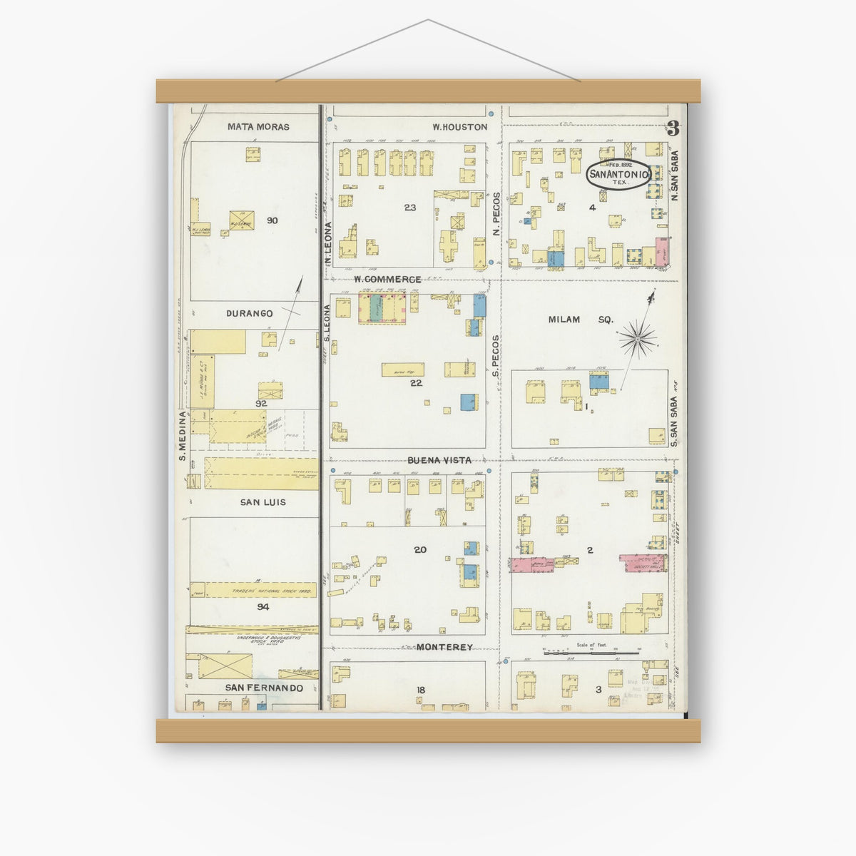 Old map wall art mockup — magnetic wood frame on white wall — Sanborn Fire Insurance Map from San Antonio, Bexar County, Texas (1892), Sheet #0003